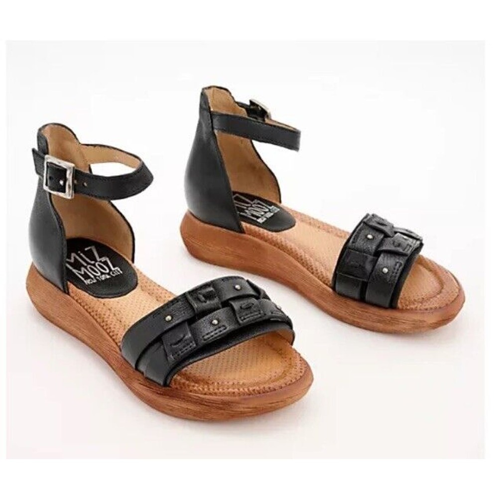 New Miz Mooz Indra Leather Studded Ankle Strap Sandals Black Sz EU 42 US 10.5-11